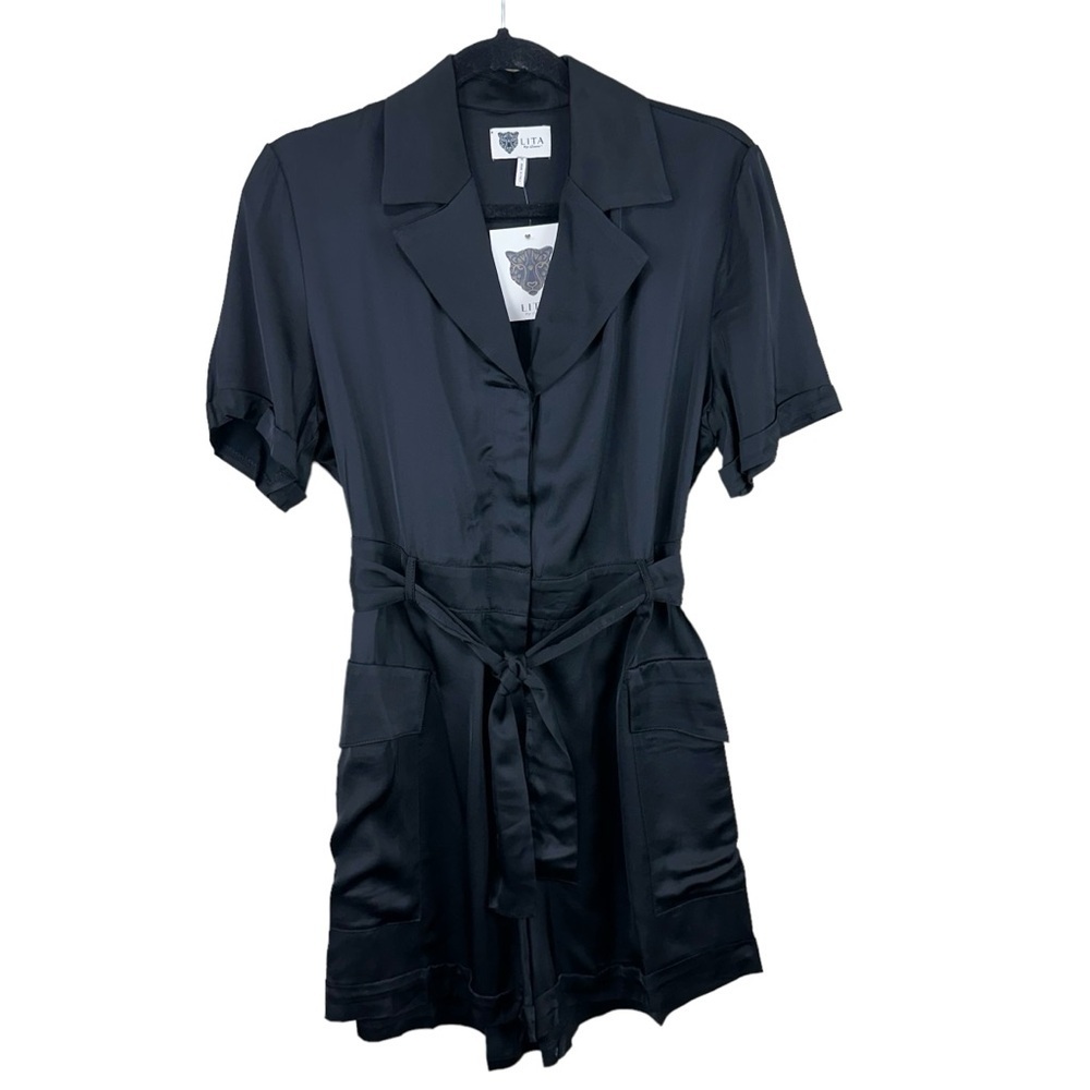 NWT Lita by Ciara Utility Belted Black Satin Romper Size Small